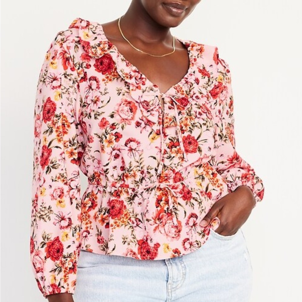 Old Navy Pink ruffle peplum tie waist floral pink blouse v neck puff sleeve